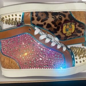 Christian Louboutin Pink and leopard Spiked Sneakers Rare No Limit